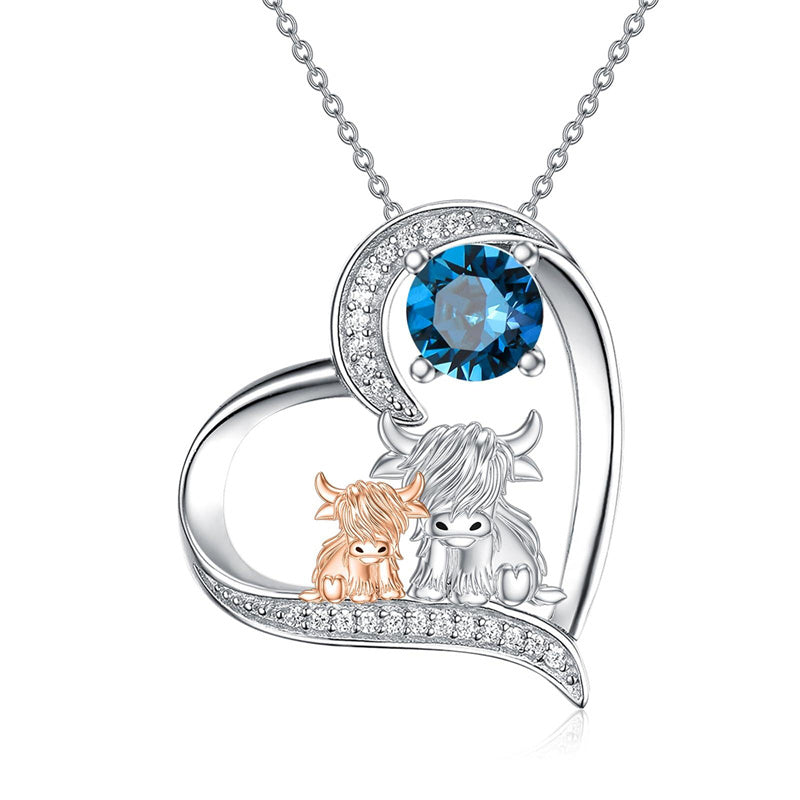 Sterling Silver Birthstone Two Highland Cow Pendant Necklace