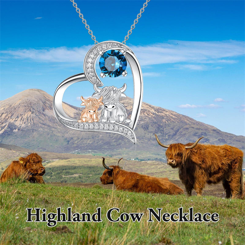 Sterling Silver Birthstone Two Highland Cow Pendant Necklace