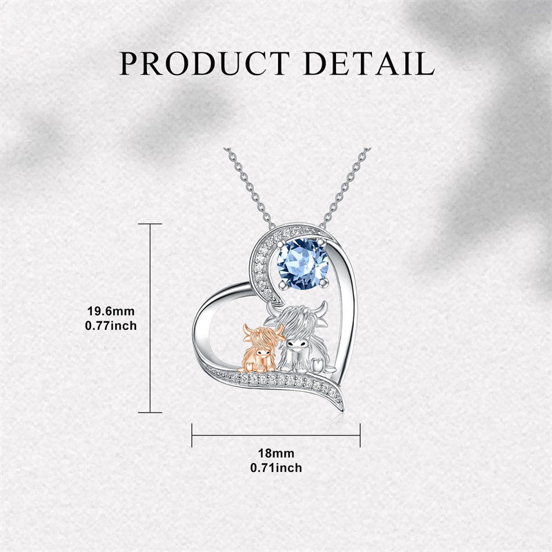 Sterling Silver Birthstone Two Highland Cow Pendant Necklace