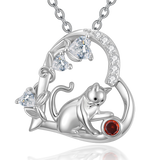 Sterling Silver 12 Month Birthstone Cat Pendant Necklace Gifts for Cat Lovers