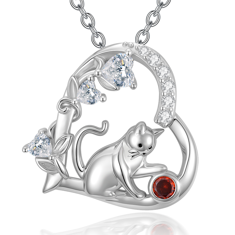Sterling Silver 12 Month Birthstone Cat Pendant Necklace Gifts for Cat Lovers