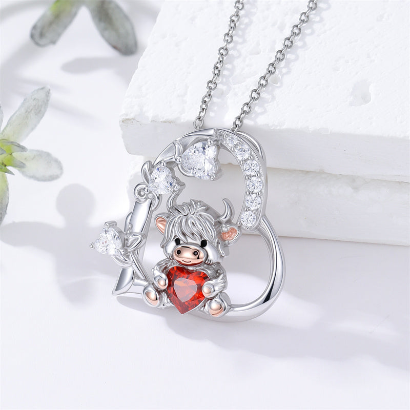 Sterling Silver Highland Cow Pendant Necklace Birthstone Necklace Gift for Women