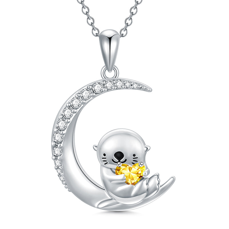 Sterling Silver Birthstone Sea Otter Pendant Necklace