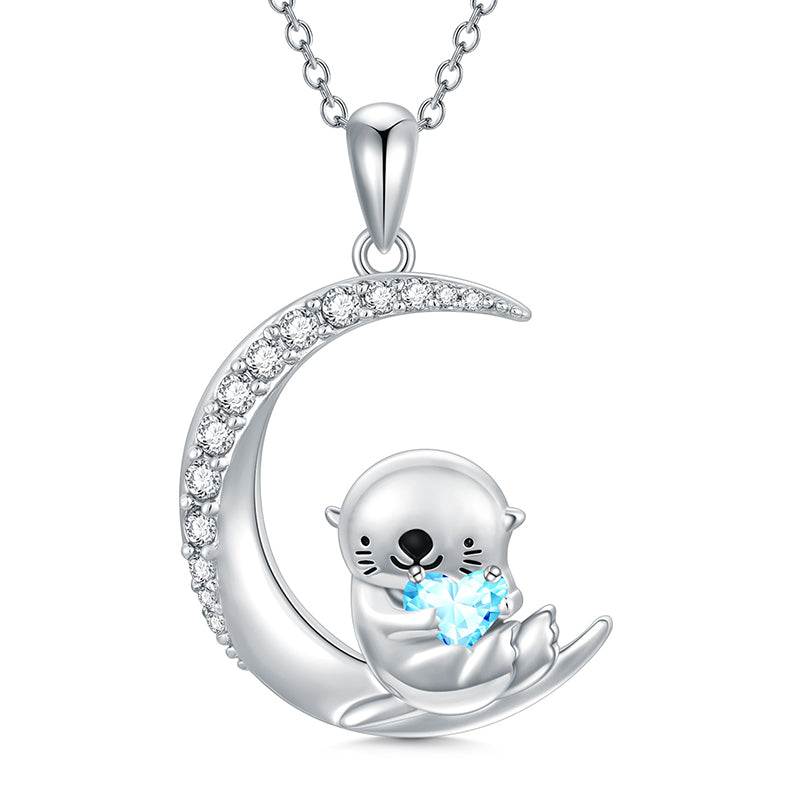 Sterling Silver Birthstone Sea Otter Pendant Necklace