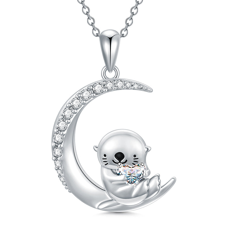 Sterling Silver Birthstone Sea Otter Pendant Necklace