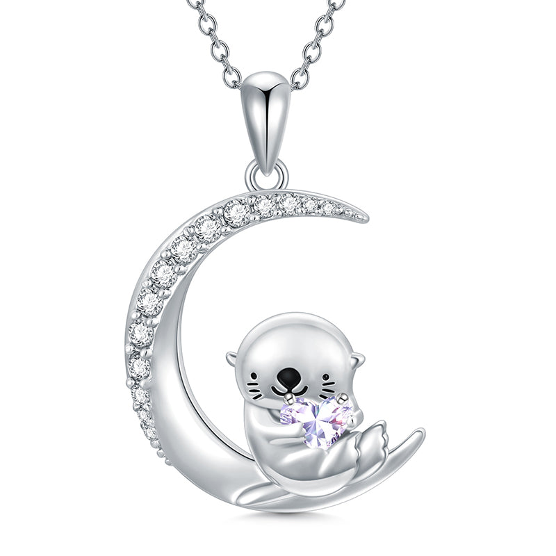 Sterling Silver Birthstone Sea Otter Pendant Necklace