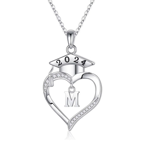 925 Sterling Silver Heart Initial Letter Necklace Class of 2024 Gifts High School Senior College Graduation Gifts