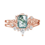 Sterling Silver Personalized Engraved Moss Agate Bridal Wedding Promise Engagement Ring Set for Women