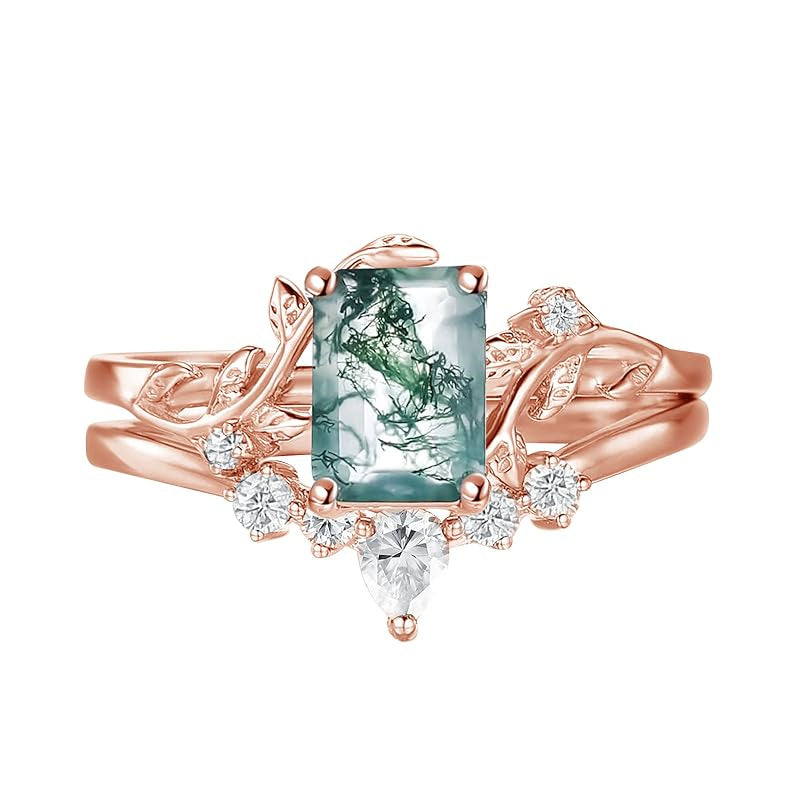 Sterling Silver Personalized Engraved Moss Agate Bridal Wedding Promise Engagement Ring Set for Women