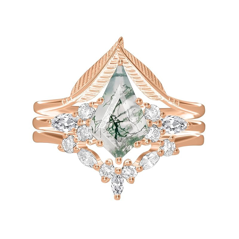 Sterling Silver Personalized Engraved Moss Agate Bridal Wedding Promise Engagement Ring Set for Women