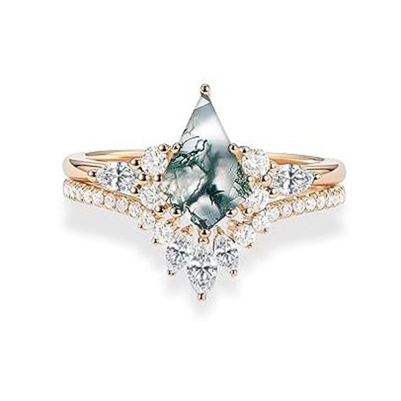 Sterling Silver Personalized Engraved 10K 14K 18K Gold Kite Moss Agate Bridal Promise Wedding Ring Set