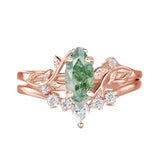 Sterling Silver Personalized Engraved Moss Agate Bridal Wedding Promise Engagement Ring Set for Women