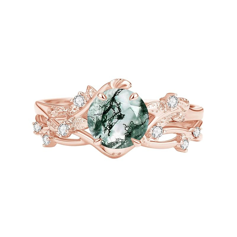 Sterling Silver Personalized Engraved Moss Agate Bridal Wedding Promise Engagement Ring Set for Women