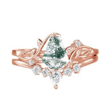Sterling Silver Personalized Engraved Moss Agate Bridal Wedding Promise Engagement Ring Set for Women