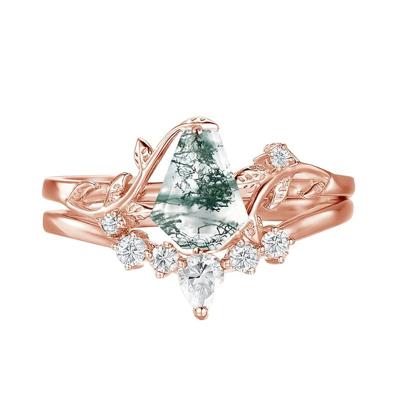 Sterling Silver Personalized Engraved Moss Agate Bridal Wedding Promise Engagement Ring Set for Women