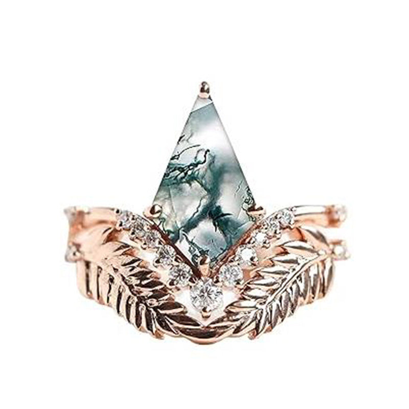 Sterling Silver Personalized Engraved 10K 14K 18K Gold Kite Moss Agate Bridal Promise Wedding Ring Set