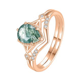 Sterling Silver Personalized Engraved Moss Agate Bridal Wedding Promise Engagement Ring Set for Women