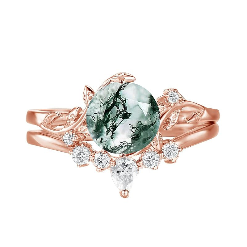 Sterling Silver Personalized Engraved Moss Agate Bridal Wedding Promise Engagement Ring Set for Women
