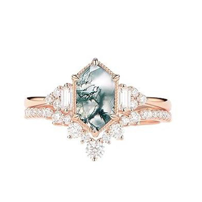 Sterling Silver Personalized Engraved 10K 14K 18K Gold Kite Moss Agate Bridal Promise Wedding Ring Set