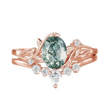 Sterling Silver Personalized Engraved Moss Agate Bridal Wedding Promise Engagement Ring Set for Women