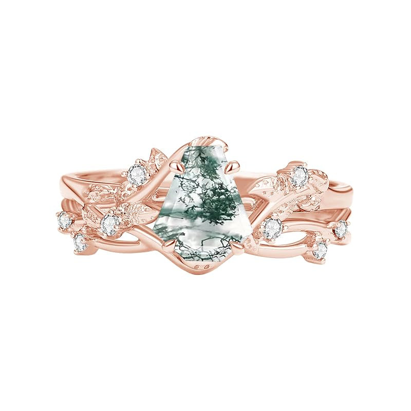 Sterling Silver Personalized Engraved Moss Agate Bridal Wedding Promise Engagement Ring Set for Women