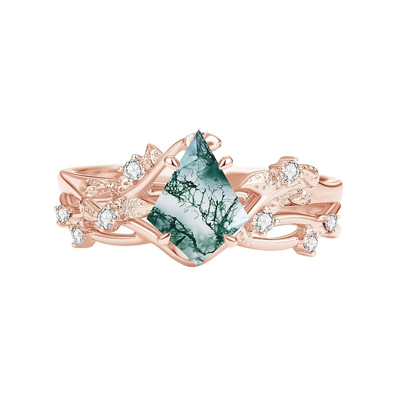 Sterling Silver Personalized Engraved Moss Agate Bridal Wedding Promise Engagement Ring Set for Women