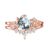 Sterling Silver Personalized Engraved Moss Agate Bridal Wedding Promise Engagement Ring Set for Women