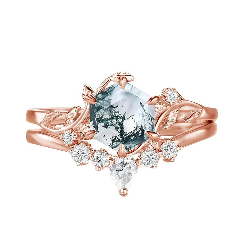 Sterling Silver Personalized Engraved Moss Agate Bridal Wedding Promise Engagement Ring Set for Women