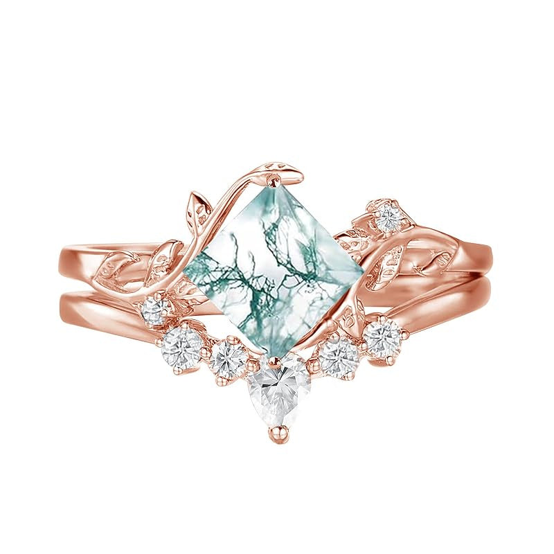 Sterling Silver Personalized Engraved Moss Agate Bridal Wedding Promise Engagement Ring Set for Women