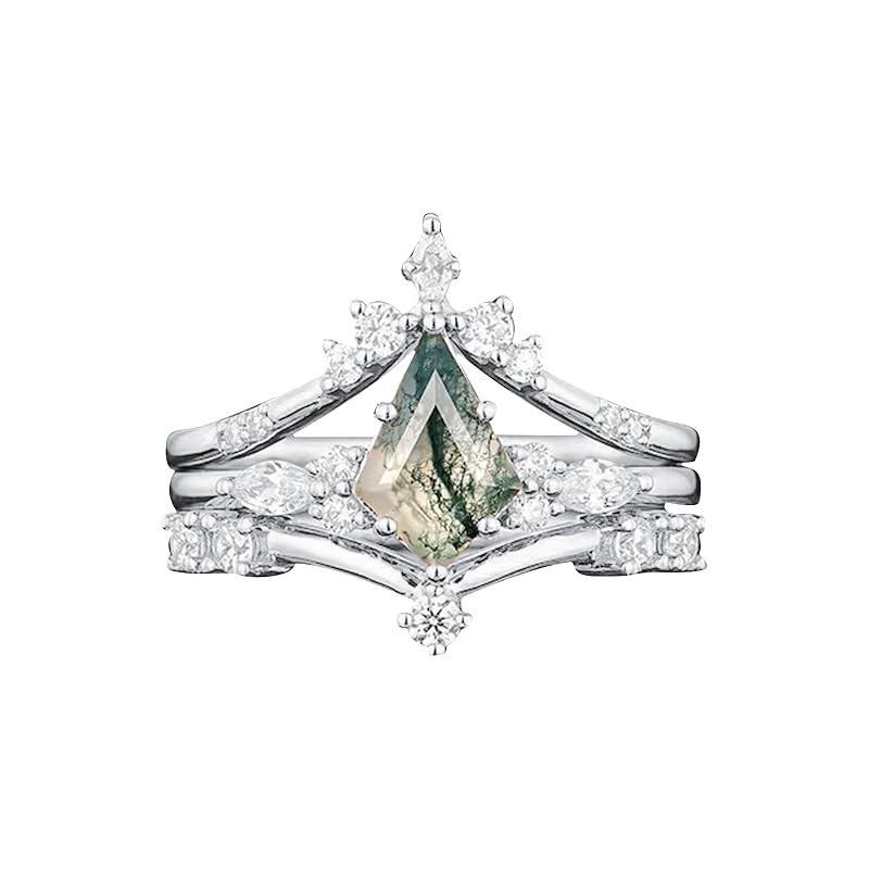 Sterling Silver Personalized Engraved Moss Agate Bridal Wedding Promise Engagement Ring Set for Women