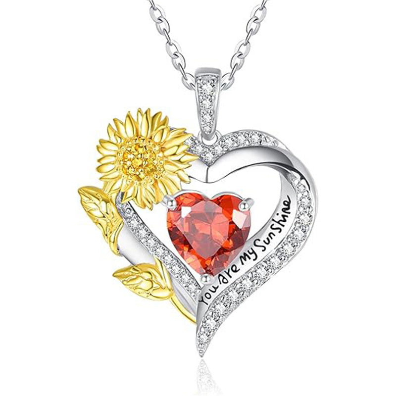 Sterling Sliver Birthstone Love Heart & Sunflower Pendant Necklace Engraved With You Are My Sunshine