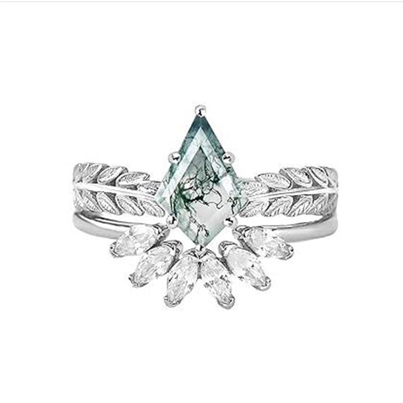 Sterling Silver Personalized Engraved 10K 14K 18K Gold Kite Moss Agate Bridal Promise Wedding Ring Set