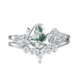 Sterling Silver Personalized Engraved Moss Agate Bridal Wedding Promise Engagement Ring Set for Women