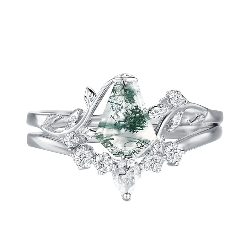 Sterling Silver Personalized Engraved Moss Agate Bridal Wedding Promise Engagement Ring Set for Women