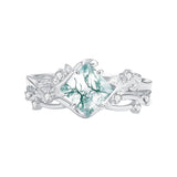 Sterling Silver Personalized Engraved Moss Agate Bridal Wedding Promise Engagement Ring Set for Women