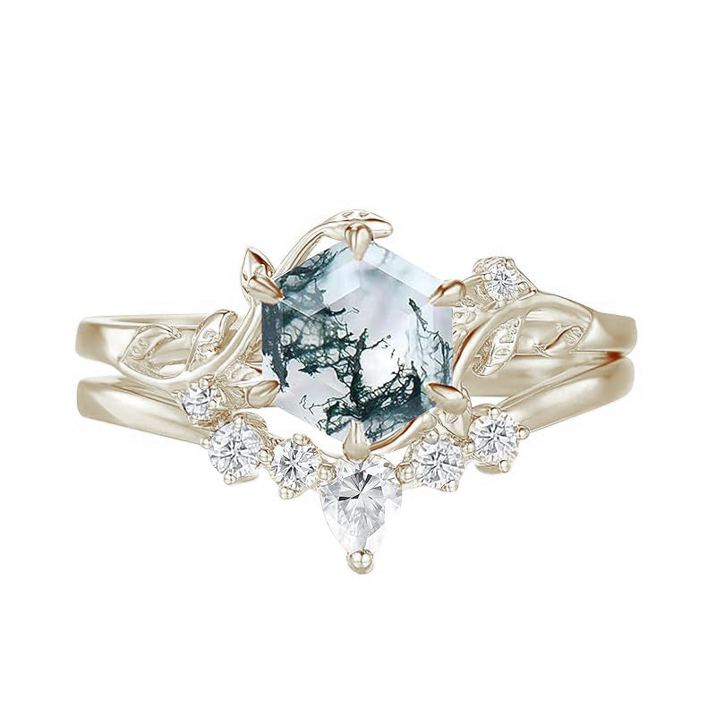 Sterling Silver Personalized Engraved Moss Agate Bridal Wedding Promise Engagement Ring Set for Women