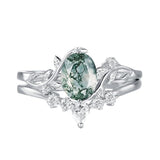Sterling Silver Personalized Engraved Moss Agate Bridal Wedding Promise Engagement Ring Set for Women