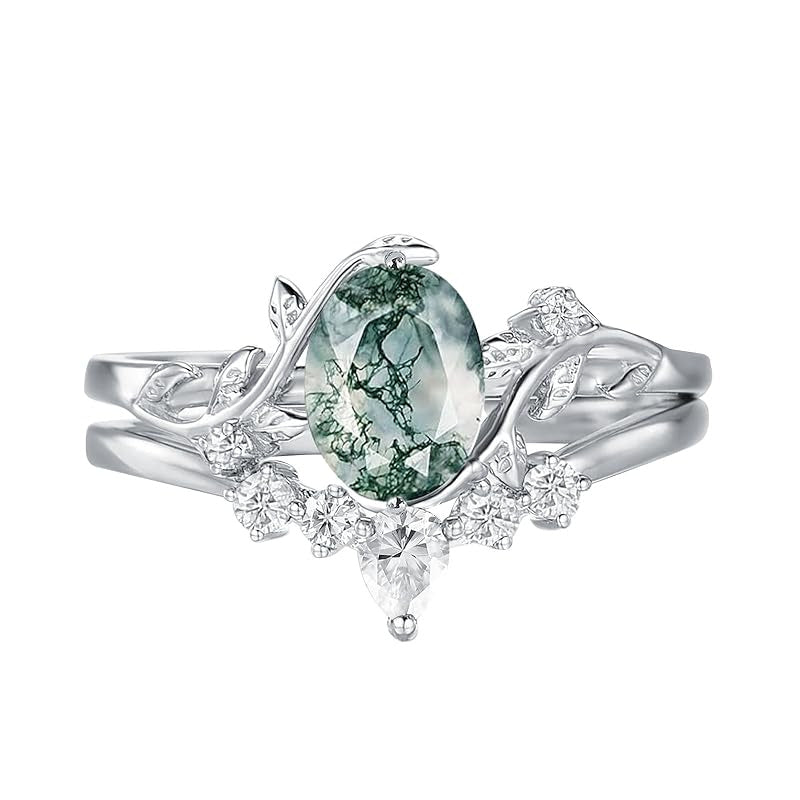Sterling Silver Personalized Engraved Moss Agate Bridal Wedding Promise Engagement Ring Set for Women