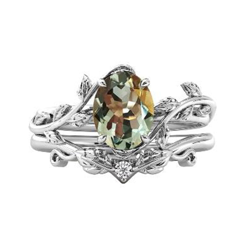 Sterling Silver 10K 14K Gold Leaf Oval Cut Vine Gemstone Set Engagement Wedding Ring