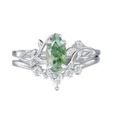 Sterling Silver Personalized Engraved Moss Agate Bridal Wedding Promise Engagement Ring Set for Women