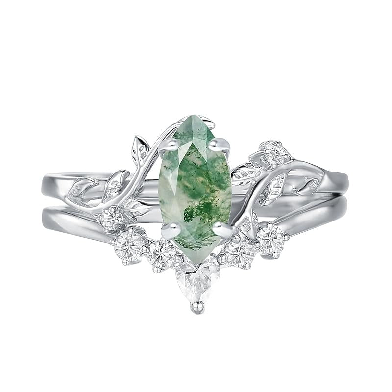 Sterling Silver Personalized Engraved Moss Agate Bridal Wedding Promise Engagement Ring Set for Women