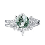 Sterling Silver Personalized Engraved Moss Agate Bridal Wedding Promise Engagement Ring Set for Women