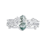 Sterling Silver Personalized Engraved Moss Agate Bridal Wedding Promise Engagement Ring Set for Women