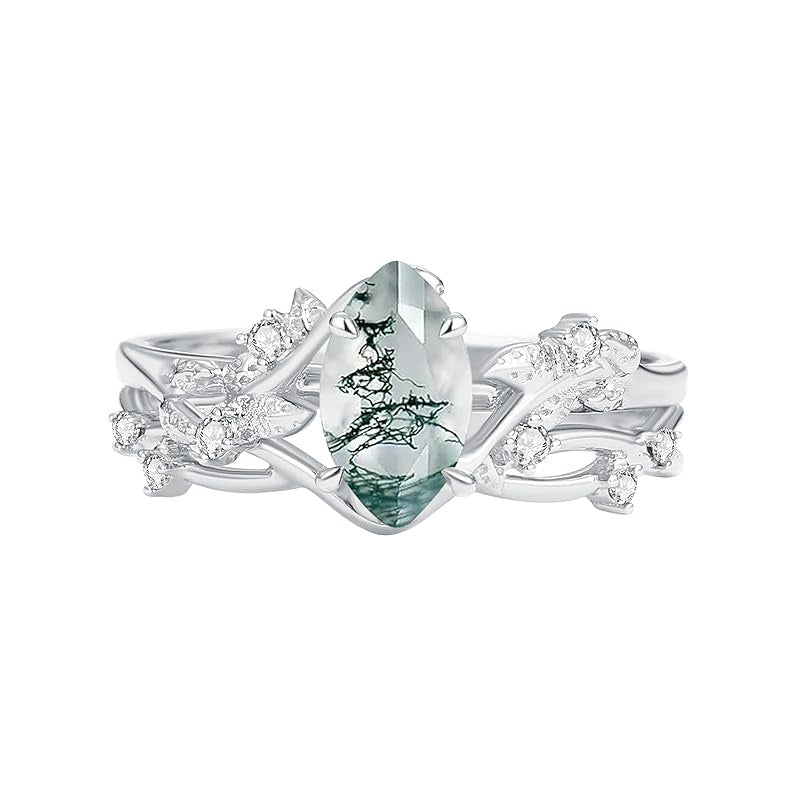 Sterling Silver Personalized Engraved Moss Agate Bridal Wedding Promise Engagement Ring Set for Women