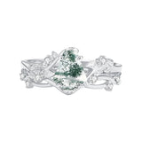Sterling Silver Personalized Engraved Moss Agate Bridal Wedding Promise Engagement Ring Set for Women
