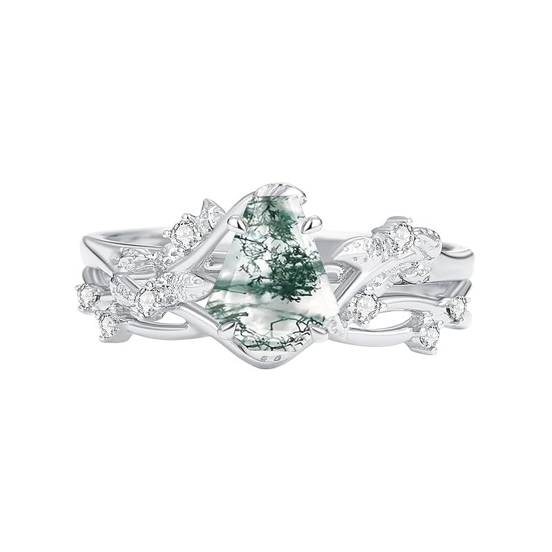 Sterling Silver Personalized Engraved Moss Agate Bridal Wedding Promise Engagement Ring Set for Women