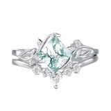 Sterling Silver Personalized Engraved Moss Agate Bridal Wedding Promise Engagement Ring Set for Women