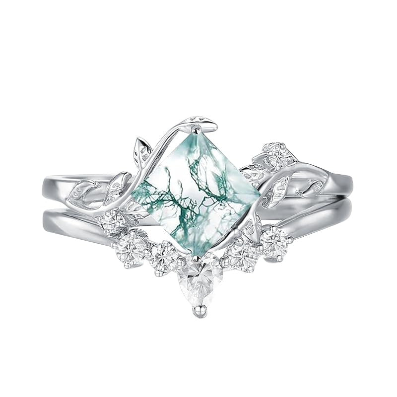 Sterling Silver Personalized Engraved Moss Agate Bridal Wedding Promise Engagement Ring Set for Women