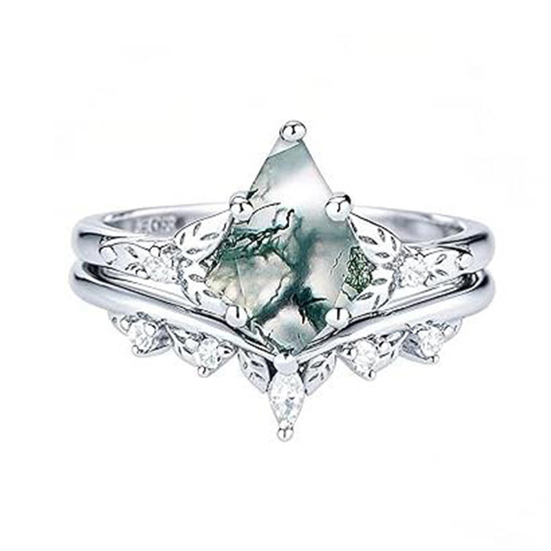 Sterling Silver Personalized Engraved 10K 14K 18K Gold Kite Moss Agate Bridal Promise Wedding Ring Set