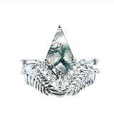 Sterling Silver Personalized Engraved 10K 14K 18K Gold Kite Moss Agate Bridal Promise Wedding Ring Set